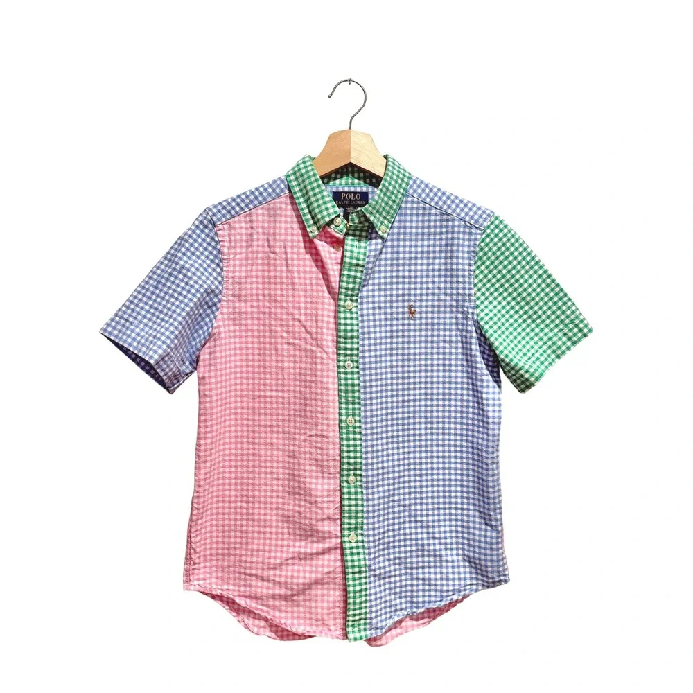 Polo Ralph Lauren Kids Gingham Colorblock‎ Short Sleeve Button Down Shirt L